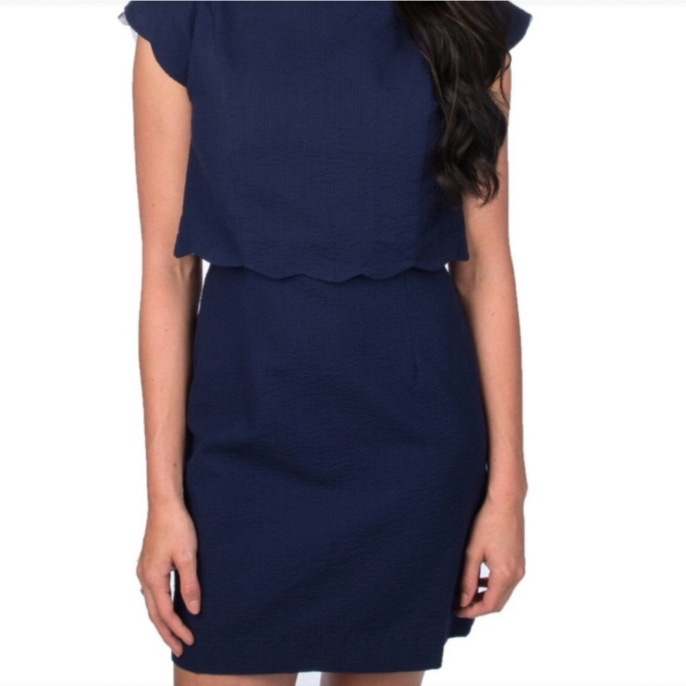 Lauren James Navy Blue Overlay Dress Made in USA Size M EUC